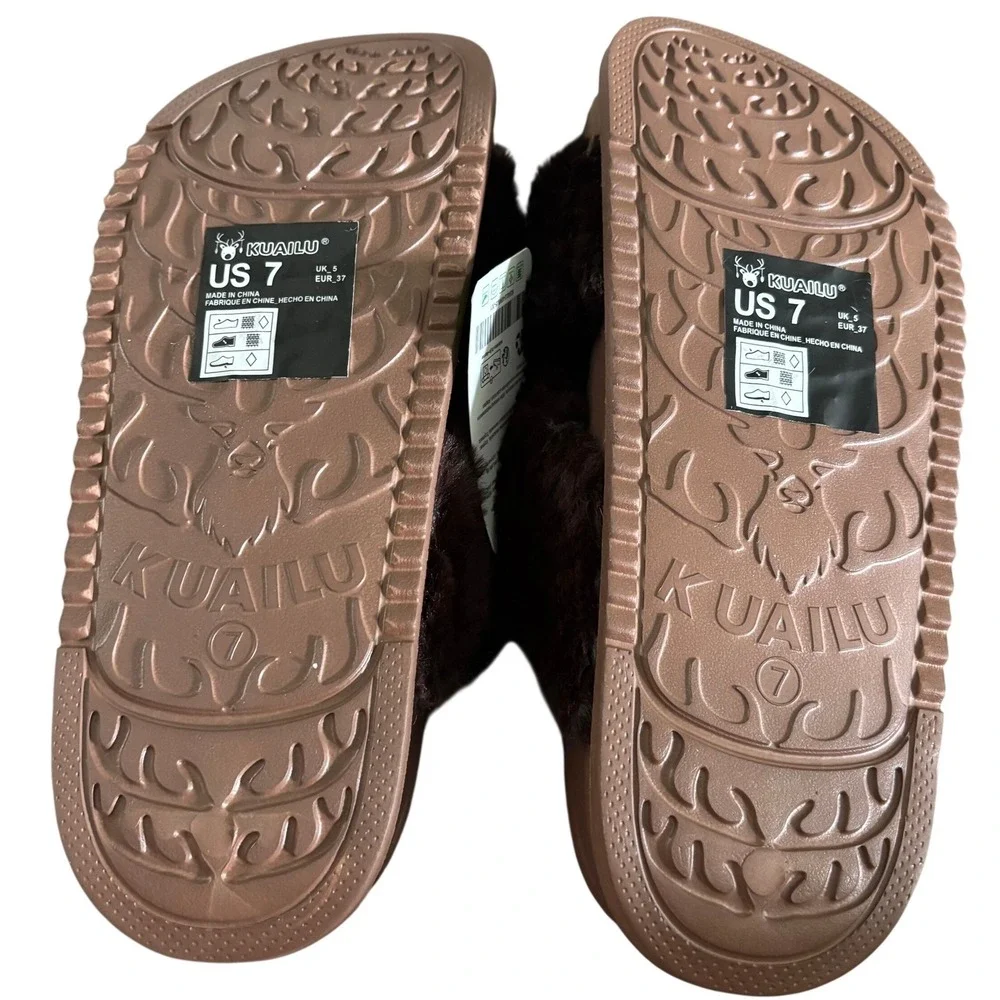 NEW KuaiLu Faux Fur Criss Cross Platform Sandals Sz 7 Brown Comfort Orthotic